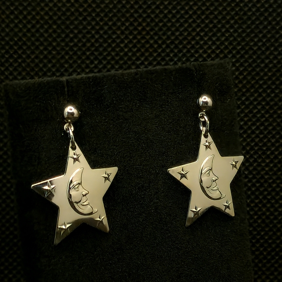 Jewelry - Vintage 70s 925 Silver Over Stainless Star Moon Earrings NOS